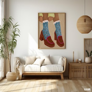 Girly Wall Art, Retro Heels Illustration, Blue Floral Socks Print, Vintage Fashion Poster, Feminine Digital Download, Cute Wall Art Decor