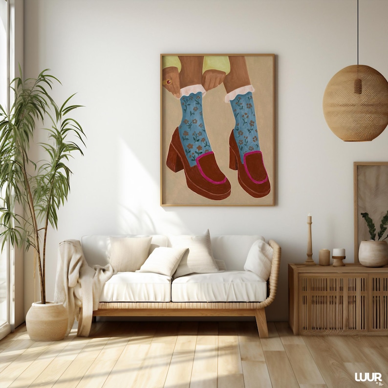 Girly Wall Art, Retro Heels Illustration, Blue Floral Socks Print, Vintage Fashion Poster, Feminine Digital Download, Cute Wall Art Decor
