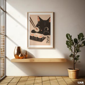 Japanese Wall Art Black Cat Wall Art Print, Cute Sushi Cat Poster, Modern Wall Decor for Kitchen Living Room, Instant Digital Download