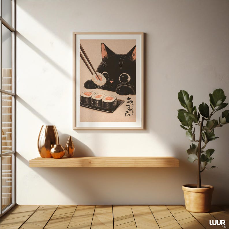 Japanese Wall Art Black Cat Wall Art Print, Cute Sushi Cat Poster, Modern Wall Decor for Kitchen Living Room, Instant Digital Download