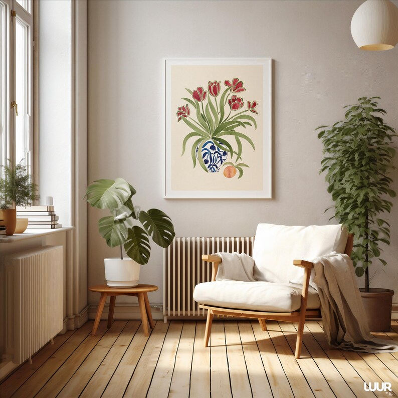 Tulip Wall Art Print, Red Floral Vase Poster, Botanical Printable Wall Art, Vintage Flower Decor, Cottagecore Art Print, Dutch Style Poster, Digital Download