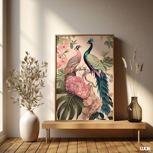 Chinoiserie Wall Art, Floral and Bird Art for Living Room, Vintage Botanical Decor, Digital Art for Relaxing Home Aesthetic, Art Print