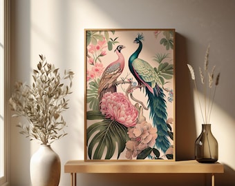 Chinoiserie Wall Art, Floral and Bird Art for Living Room, Vintage Botanical Decor, Digital Art for Relaxing Home Aesthetic, Art Print