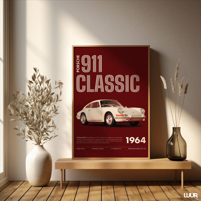 Porsche Wall Art, Classic 911 Print, Retro Car Poster, Vintage Sports Car Artwork, Minimal Red Automotive Decor, Digital Download