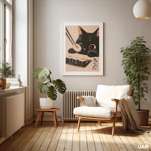 Japanese Wall Art Black Cat Wall Art Print, Cute Sushi Cat Poster, Modern Wall Decor for Kitchen Living Room, Instant Digital Download