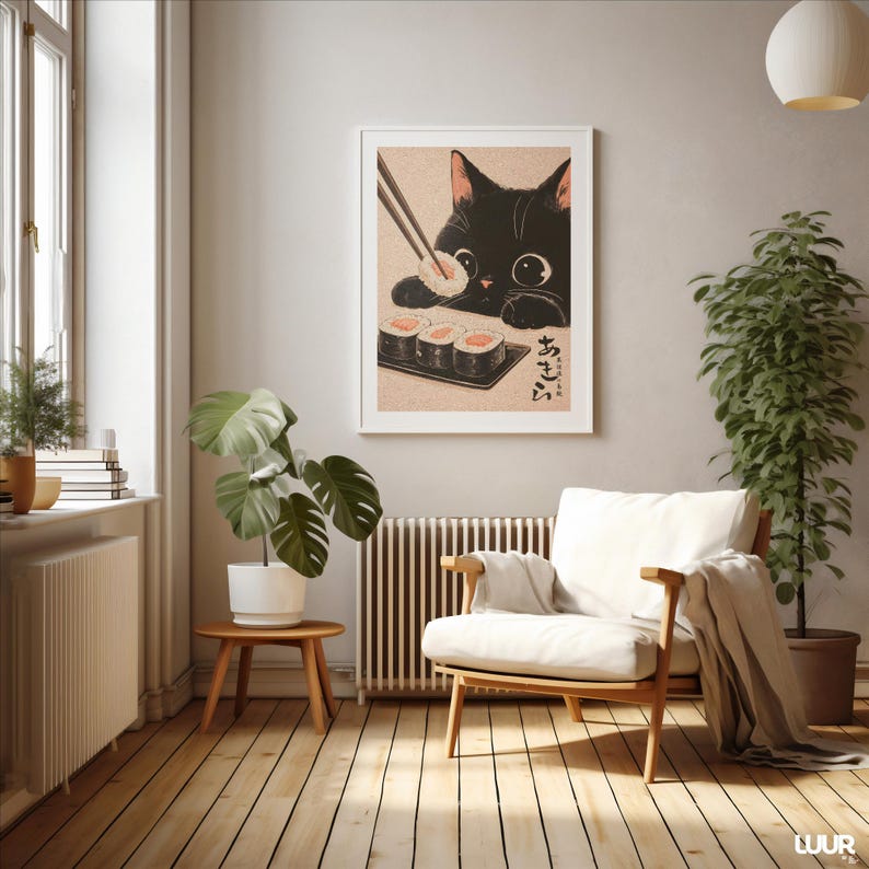 Japanese Wall Art Black Cat Wall Art Print, Cute Sushi Cat Poster, Modern Wall Decor for Kitchen Living Room, Instant Digital Download