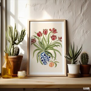 Tulip Wall Art Print, Red Floral Vase Poster, Botanical Printable Wall Art, Vintage Flower Decor, Cottagecore Art Print, Dutch Style Poster, Digital Download