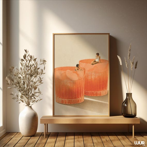 Surreal Cocktail Wall Art, Aperol Spritz Poster, Vintage Summer Print, Retro Pool Scene, Minimal Beach Art, Printable Wall Art, Digital Art