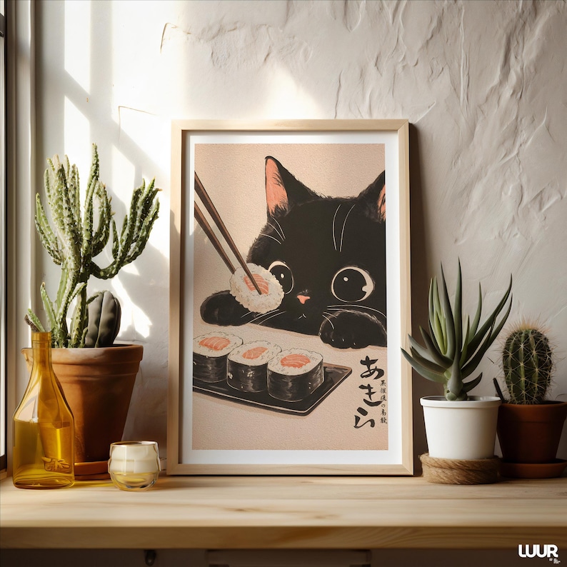 Japanese Wall Art Black Cat Wall Art Print, Cute Sushi Cat Poster, Modern Wall Decor for Kitchen Living Room, Instant Digital Download