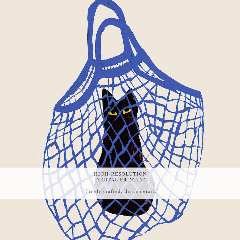 Black Cat Wall Art Printable, Cat in Bag Poster, Blue and Black Color Cat Print for Home Decor, Digital Wall Art, Instant Download, Cat Art