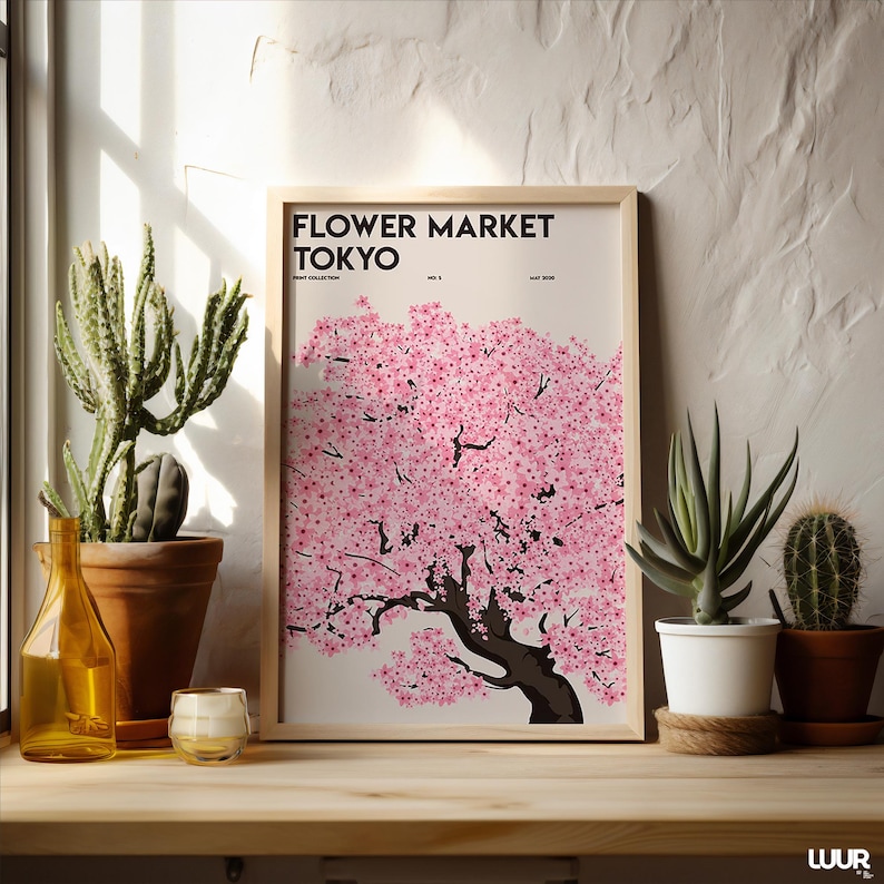 Flower Market Tokyo Wall Art, Pink Floral Market Printable Poster, Abstract Flower Art Print for Living Room Decor, Digital Download