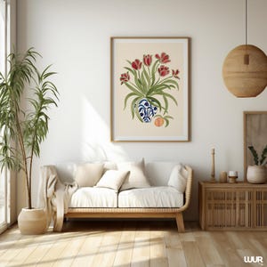Tulip Wall Art Print, Red Floral Vase Poster, Botanical Printable Wall Art, Vintage Flower Decor, Cottagecore Art Print, Dutch Style Poster, Digital Download