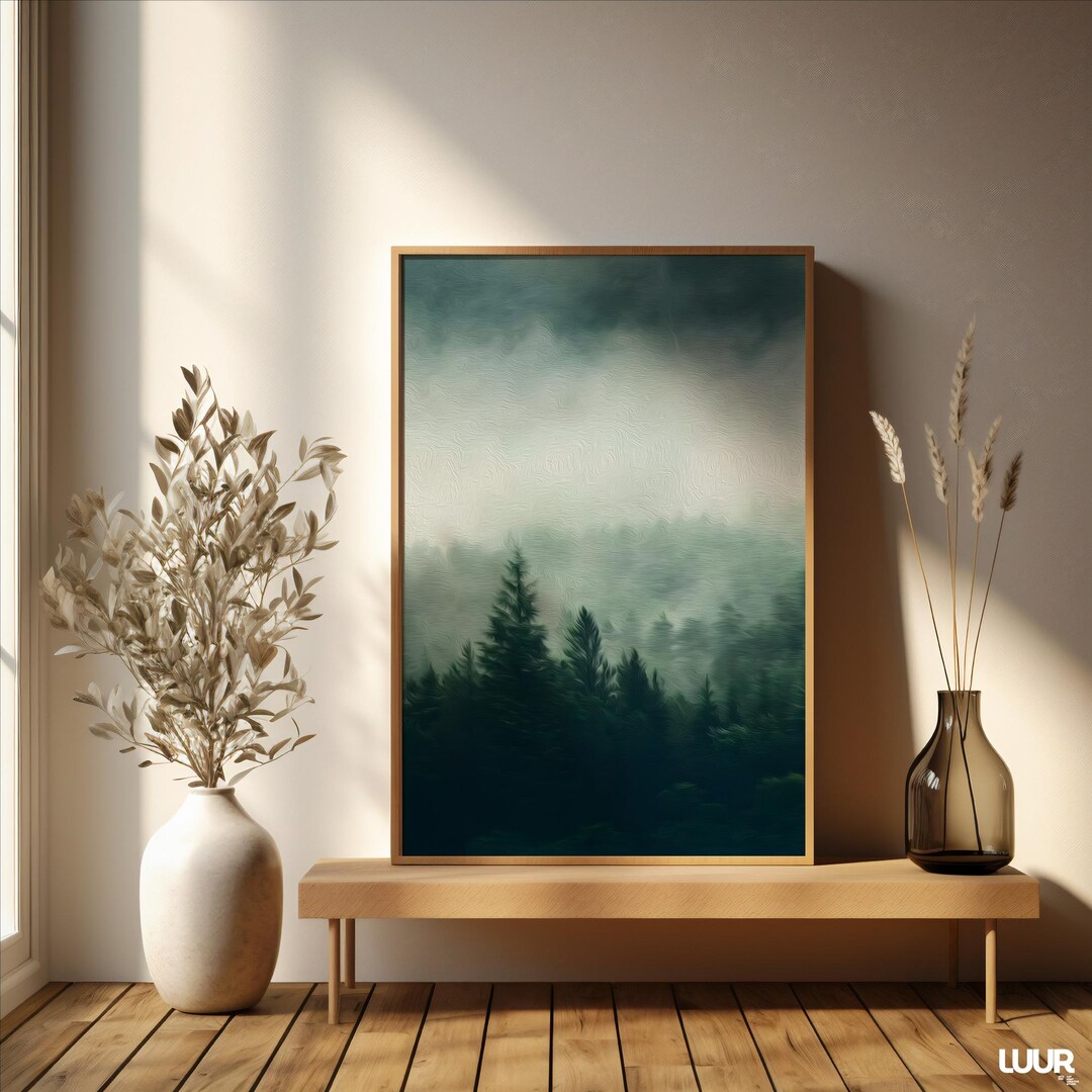 Forest Wall Art Printable, Moody Green Landscape Art, Misty Pine Forest ...