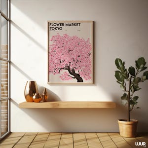Flower Market Tokyo Wall Art, Pink Floral Market Printable Poster, Abstract Flower Art Print for Living Room Decor, Digital Download