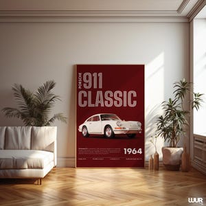 Porsche Wall Art, Classic 911 Print, Retro Car Poster, Vintage Sports Car Artwork, Minimal Red Automotive Decor, Digital Download