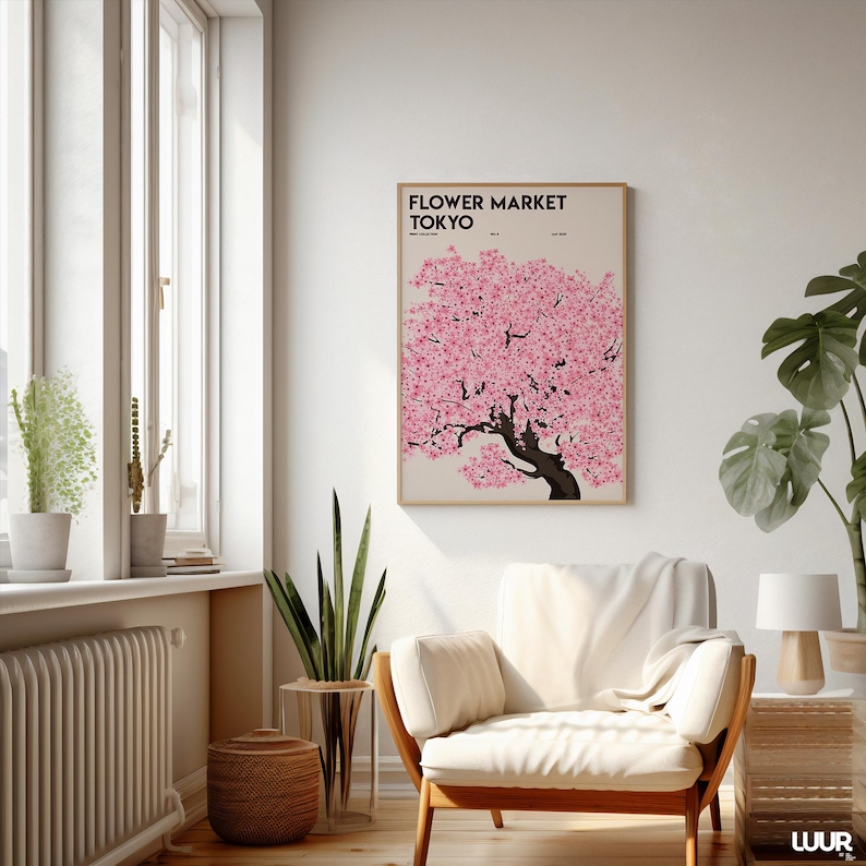 Flower Market Tokyo Wall Art, Pink Floral Market Printable Poster, Abstract Flower Art Print for Living Room Decor, Digital Download