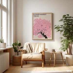 Flower Market Tokyo Wall Art, Pink Floral Market Printable Poster, Abstract Flower Art Print for Living Room Decor, Digital Download