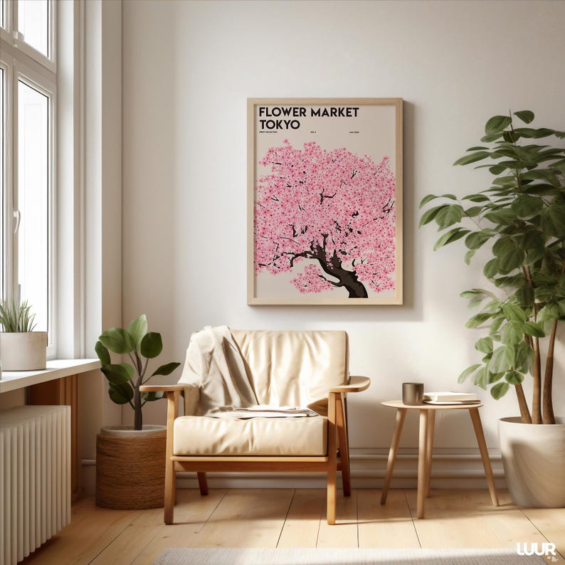 Flower Market Tokyo Wall Art, Pink Floral Market Printable Poster, Abstract Flower Art Print for Living Room Decor, Digital Download