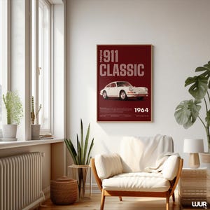 Porsche Wall Art, Classic 911 Print, Retro Car Poster, Vintage Sports Car Artwork, Minimal Red Automotive Decor, Digital Download