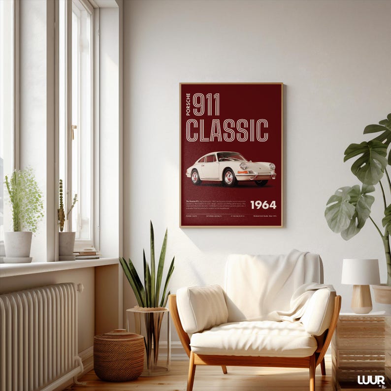 Porsche Wall Art, Classic 911 Print, Retro Car Poster, Vintage Sports Car Artwork, Minimal Red Automotive Decor, Digital Download