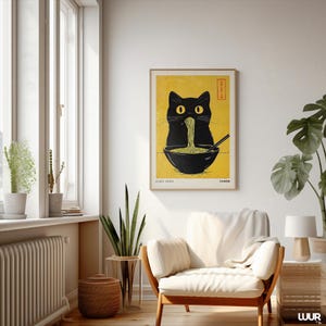 Japanese Wall Art, Kuro Neko Cat Poster, Japandi Ramen Cat Print, Minimalist Black Cat Digital Artwork, Modern Home Decor Printable