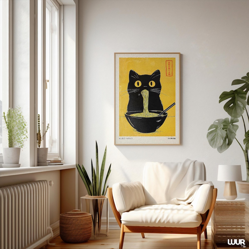 Japanese Wall Art, Kuro Neko Cat Poster, Japandi Ramen Cat Print, Minimalist Black Cat Digital Artwork, Modern Home Decor Printable