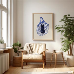 Black Cat Wall Art Printable, Cat in Bag Poster, Blue and Black Color Cat Print for Home Decor, Digital Wall Art, Instant Download, Cat Art
