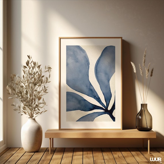Blue Wall Art, Abstract Botanical Painting, Minimalist Navy Watercolor Artwork, Modern Coastal Design, Digital Download for Home Decor