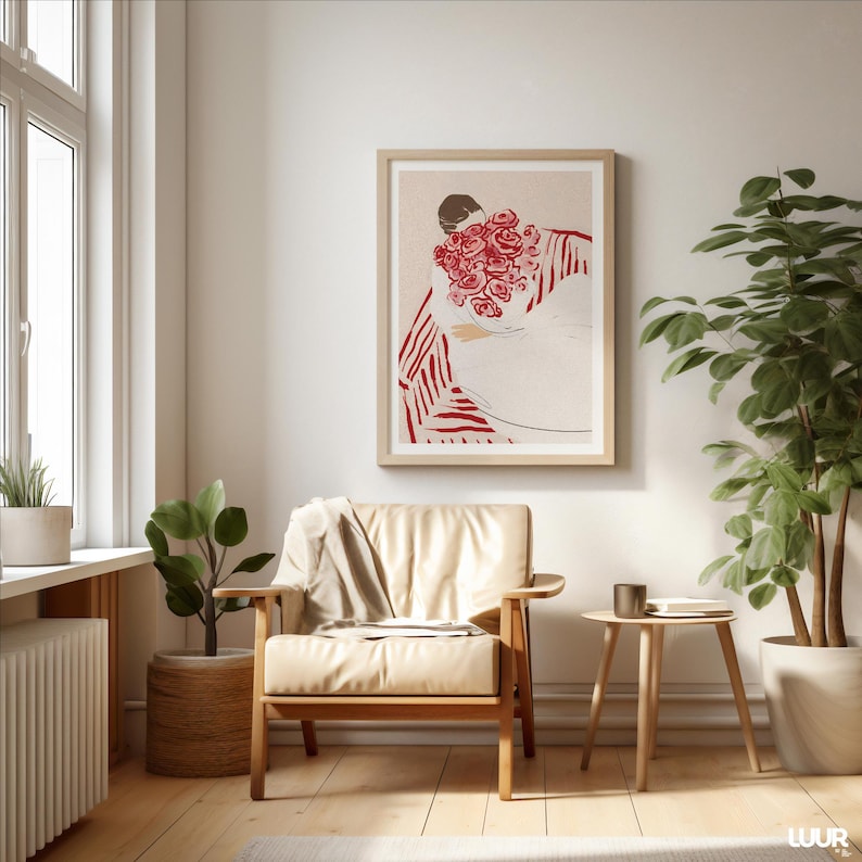 Girly Wall Art, Woman with Flowers Print, Minimalist Red and Pink Illustration, Feminine Modern Digital Poster, Chic Wall Decor for Bedroom