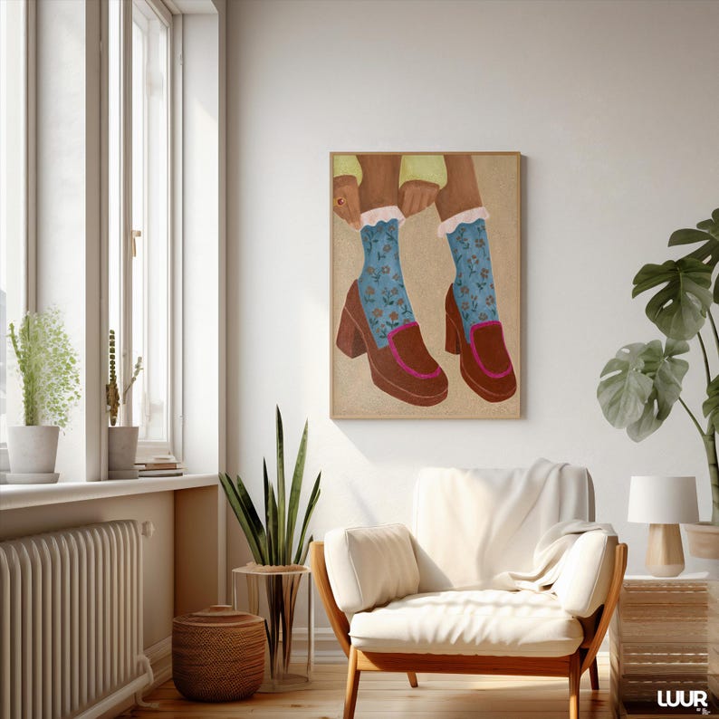 Girly Wall Art, Retro Heels Illustration, Blue Floral Socks Print, Vintage Fashion Poster, Feminine Digital Download, Cute Wall Art Decor