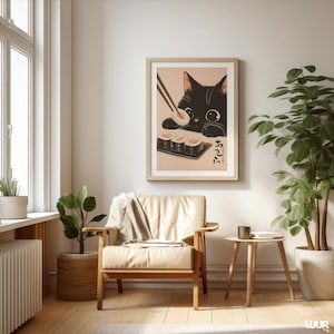 Japanese Wall Art Black Cat Wall Art Print, Cute Sushi Cat Poster, Modern Wall Decor for Kitchen Living Room, Instant Digital Download