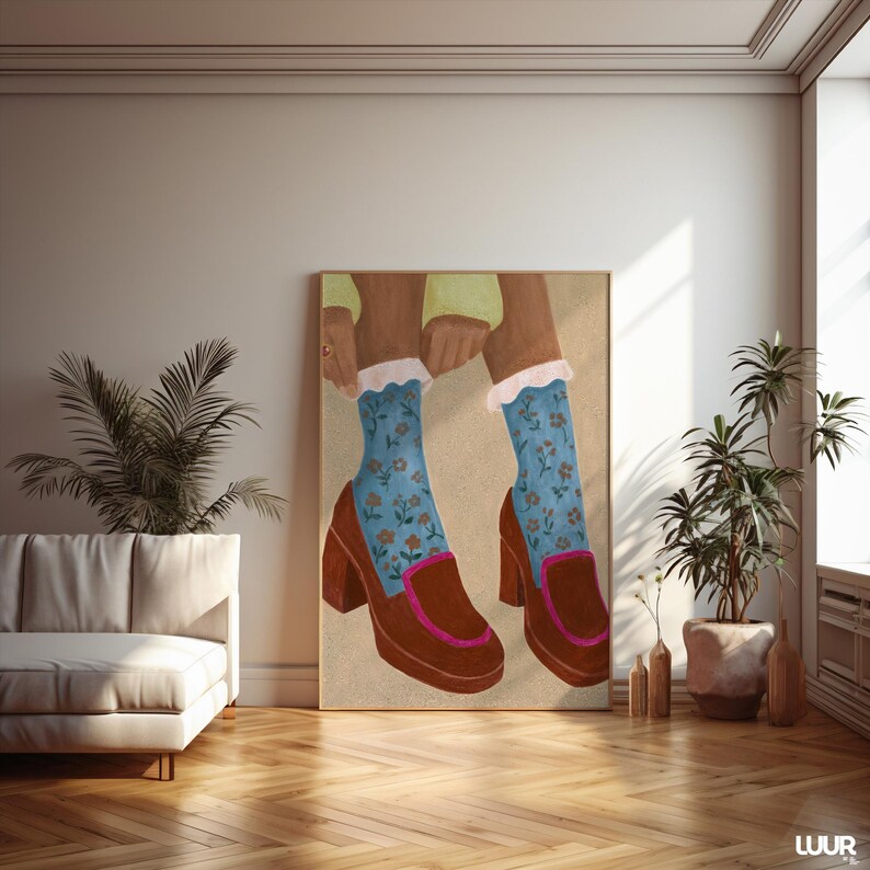 Girly Wall Art, Retro Heels Illustration, Blue Floral Socks Print, Vintage Fashion Poster, Feminine Digital Download, Cute Wall Art Decor