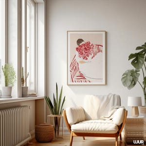 Girly Wall Art, Woman with Flowers Print, Minimalist Red and Pink Illustration, Feminine Modern Digital Poster, Chic Wall Decor for Bedroom