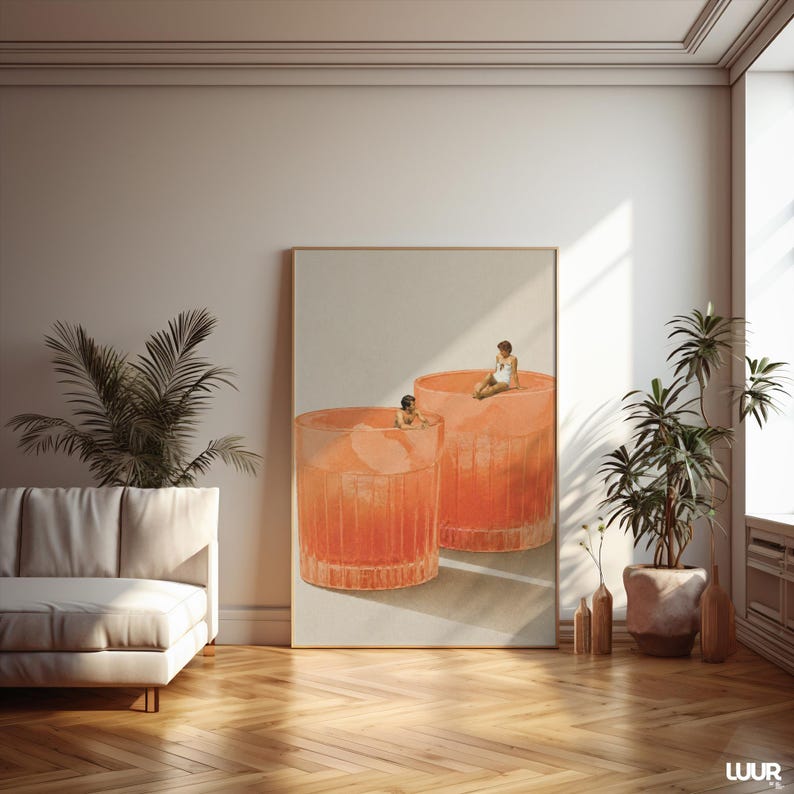Surreal Cocktail Wall Art, Aperol Spritz Poster, Vintage Summer Print, Retro Pool Scene, Minimal Beach Art, Printable Wall Art, Digital Download