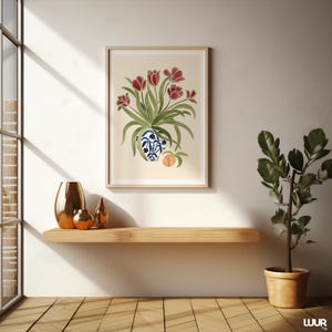 Tulip Wall Art Print, Red Floral Vase Poster, Botanical Printable Wall Art, Vintage Flower Decor, Cottagecore Art Print, Dutch Style Poster, Digital Download