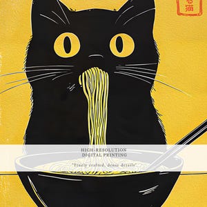 Japanese Wall Art, Kuro Neko Cat Poster, Japandi Ramen Cat Print, Minimalist Black Cat Digital Artwork, Modern Home Decor Printable