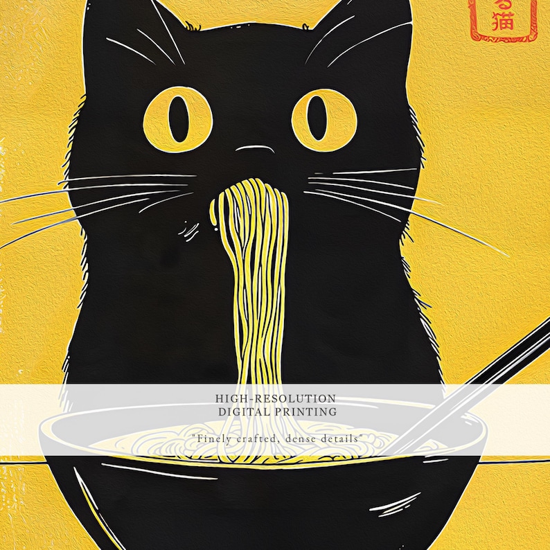 Japanese Wall Art, Kuro Neko Cat Poster, Japandi Ramen Cat Print, Minimalist Black Cat Digital Artwork, Modern Home Decor Printable