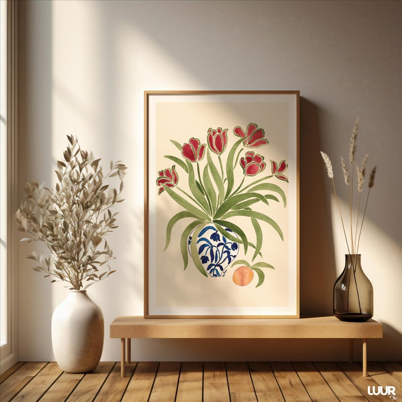 Tulip Wall Art Print, Red Floral Vase Poster, Botanical Printable Wall Art, Vintage Flower Decor, Cottagecore Art Print, Dutch Style Poster, Digital Download