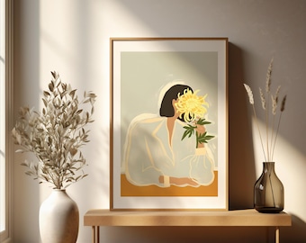 Art mural abstrait imprimable, portrait moderne de femme avec une fleur, décoration d'intérieur numérique botanique jaune, art mural imprimable, déco de salon