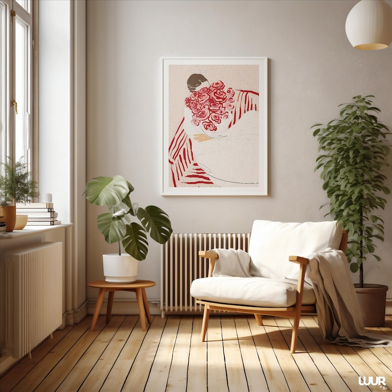 Girly Wall Art, Woman with Flowers Print, Minimalist Red and Pink Illustration, Feminine Modern Digital Poster, Chic Wall Decor for Bedroom