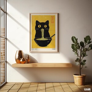Japanese Wall Art, Kuro Neko Cat Poster, Japandi Ramen Cat Print, Minimalist Black Cat Digital Artwork, Modern Home Decor Printable