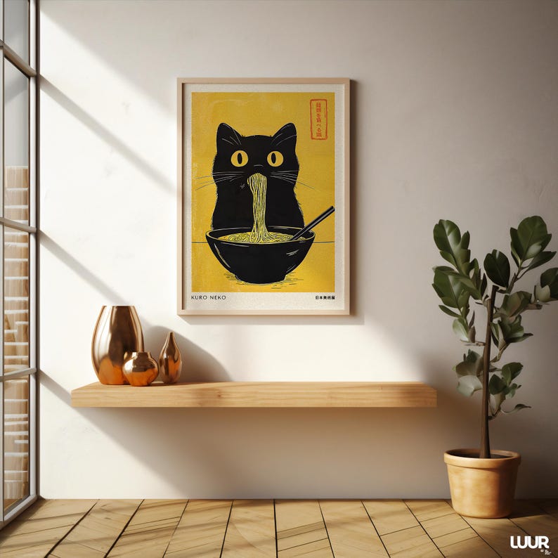 Japanese Wall Art, Kuro Neko Cat Poster, Japandi Ramen Cat Print, Minimalist Black Cat Digital Artwork, Modern Home Decor Printable