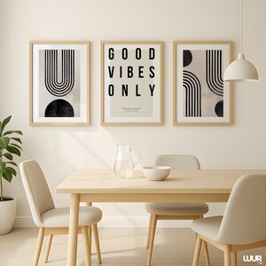 Modern typography wall art print with the bold phrase “GOOD VIBES ONLY” in black capital letters on a minimal light background. This motivational printable poster is part of a set of 3 prints designed for neutral, Scandinavian, and minimal home decor styles. Perfect for living rooms, bedrooms, hallways, and office spaces. Instant download printable artwork that adds positivity and a clean, contemporary look to any interior.