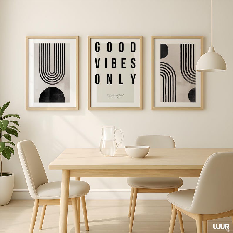 Modern typography wall art print with the bold phrase “GOOD VIBES ONLY” in black capital letters on a minimal light background. This motivational printable poster is part of a set of 3 prints designed for neutral, Scandinavian, and minimal home decor styles. Perfect for living rooms, bedrooms, hallways, and office spaces. Instant download printable artwork that adds positivity and a clean, contemporary look to any interior.