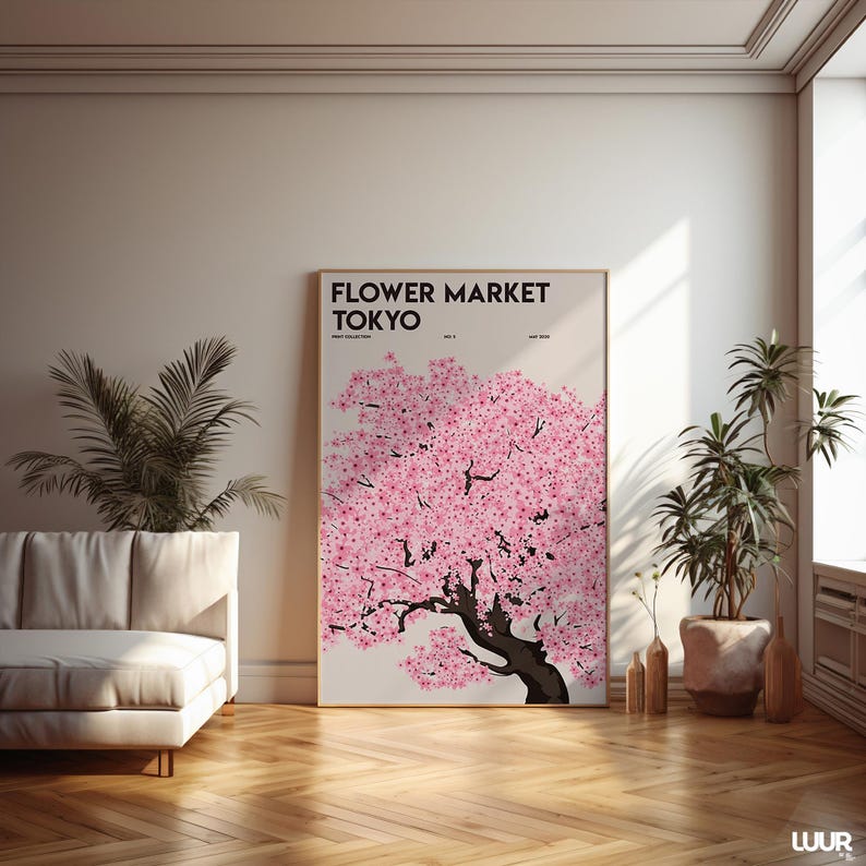 Flower Market Tokyo Wall Art, Pink Floral Market Printable Poster, Abstract Flower Art Print for Living Room Decor, Digital Download