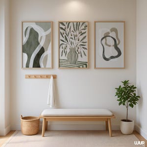 Boho Wall Art Set of 3, Green Gallery Wall Art Prints, Minimal Botanical Abstract Posters, Modern Neutral Home Decor, Olive Green Wall Art