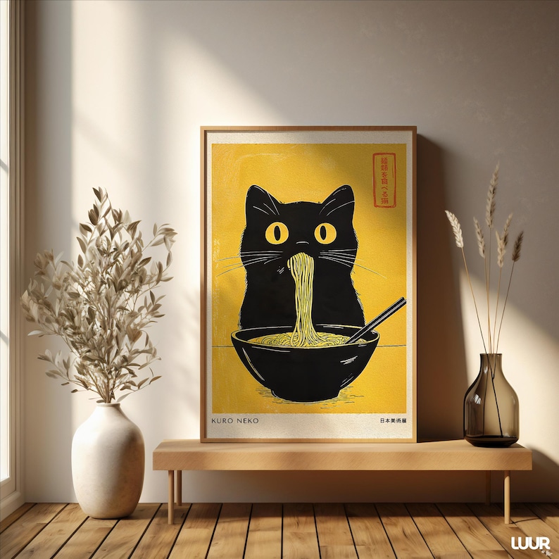 Japanese Wall Art, Kuro Neko Cat Poster, Japandi Ramen Cat Print, Minimalist Black Cat Digital Artwork, Modern Home Decor Printable