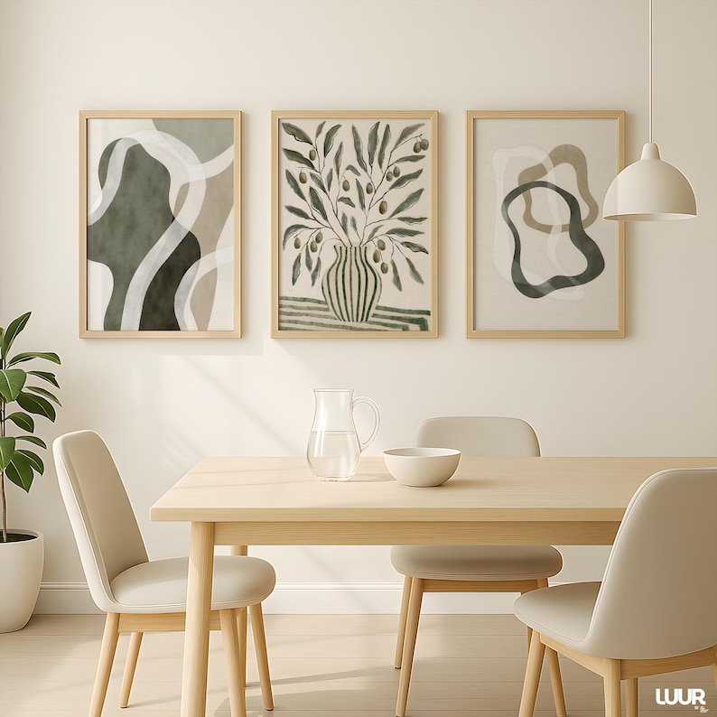 Boho Wall Art Set of 3, Green Gallery Wall Art Prints, Minimal Botanical Abstract Posters, Modern Neutral Home Decor, Olive Green Wall Art