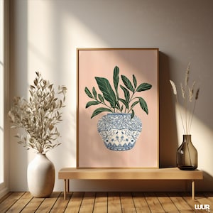 Chinoiserie Wall Art, Blue Vase Printable Wall Art,Elegant Chinoiserie Home Decor, Abstract Digital Art Print for Home & Office, Digital Art