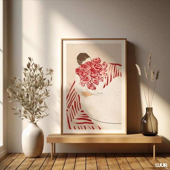 Girly Wall Art, Woman with Flowers Print, Minimalist Red and Pink Illustration, Feminine Modern Digital Poster, Chic Wall Decor for Bedroom